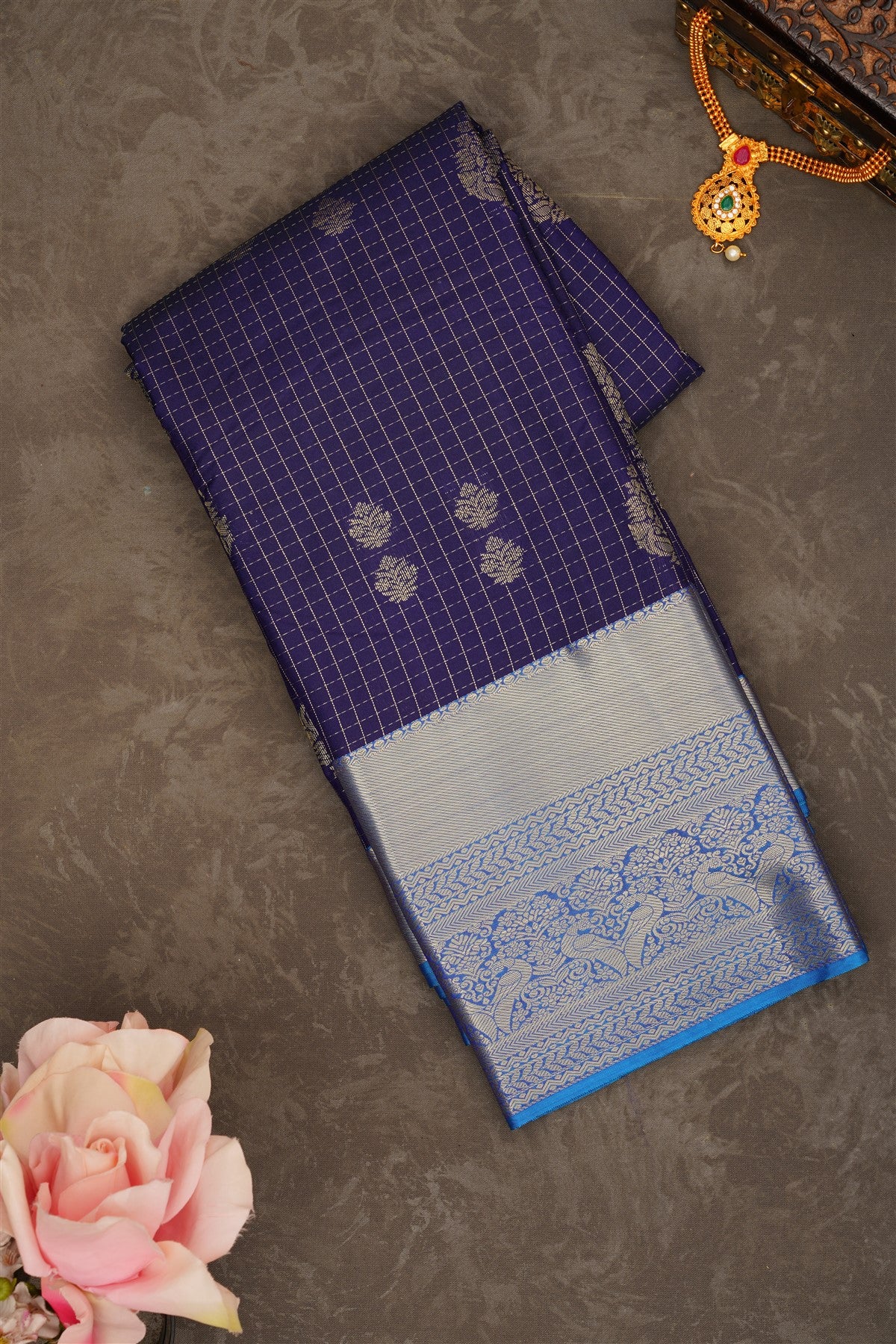 Semi Pattu Silk Blend Navy Blue Saree