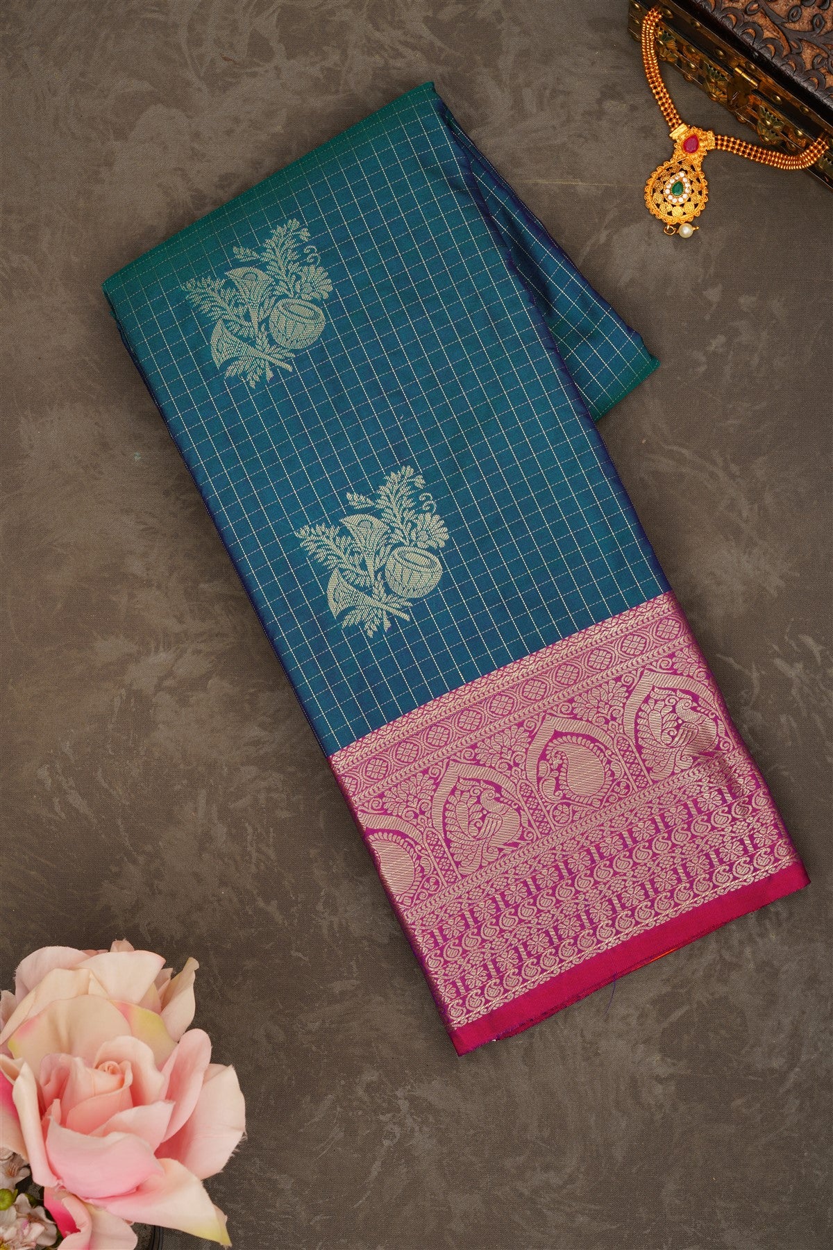 Semi Pattu Silk Blend Peacock Green Saree