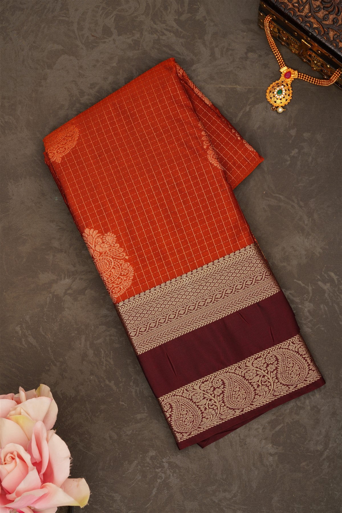 Semi Pattu Silk Blend Rust Saree