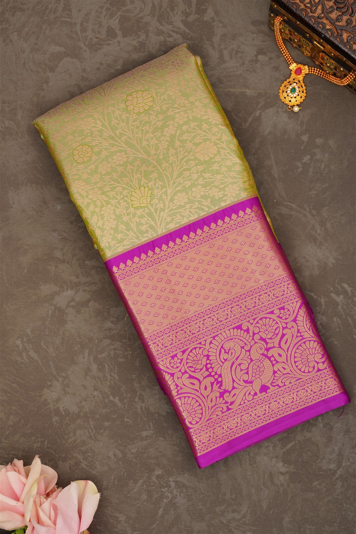 Semi Pattu Silk Blend Light Olive Green Saree