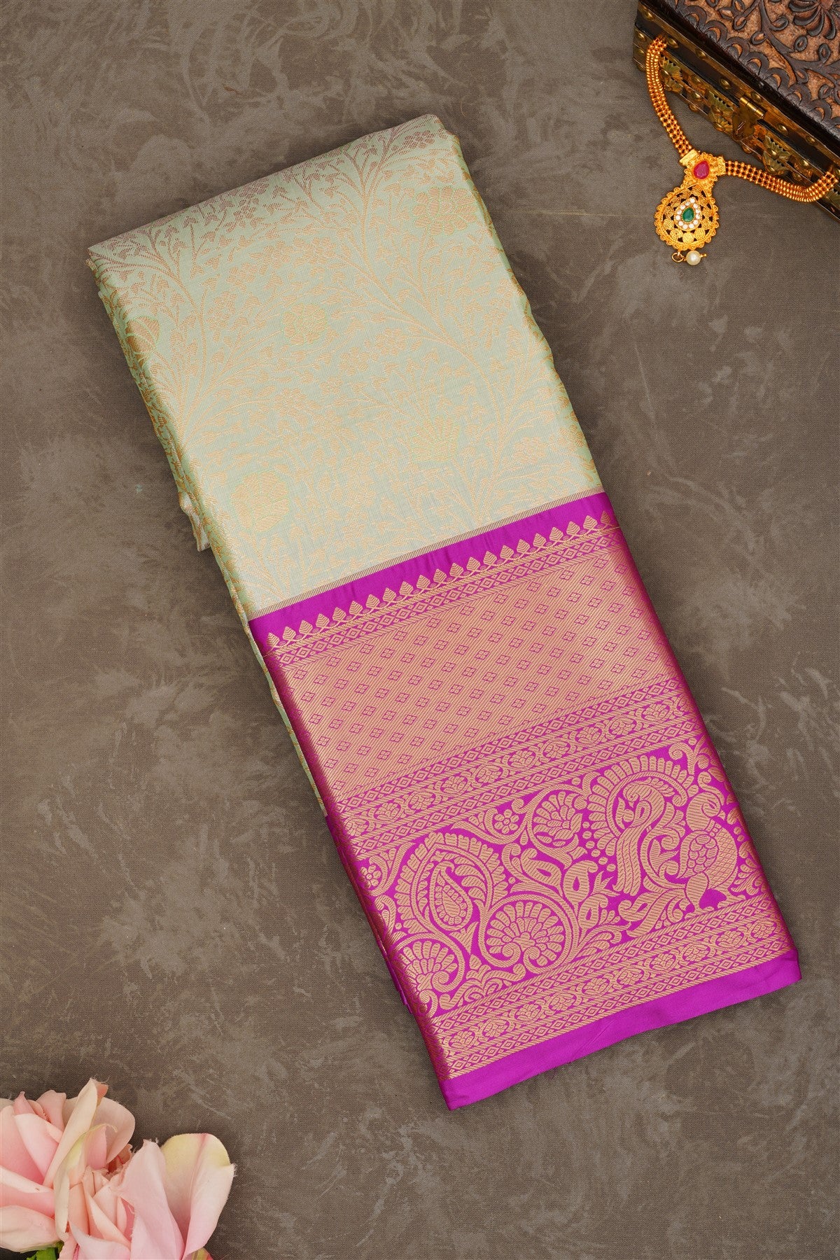 Semi Pattu Silk Blend Sea Green Saree