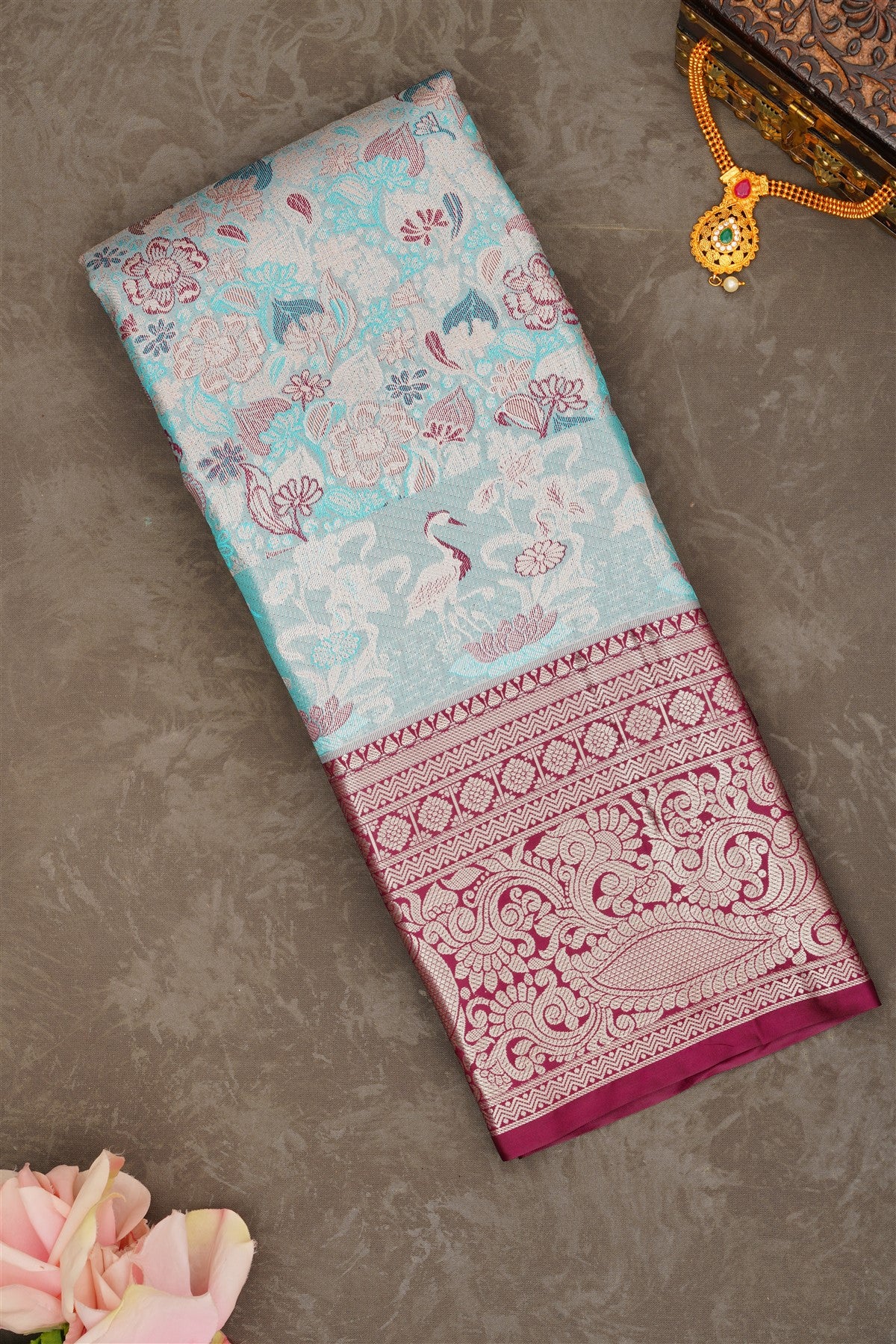 Semi Pattu Silk Blend Sky Blue Saree
