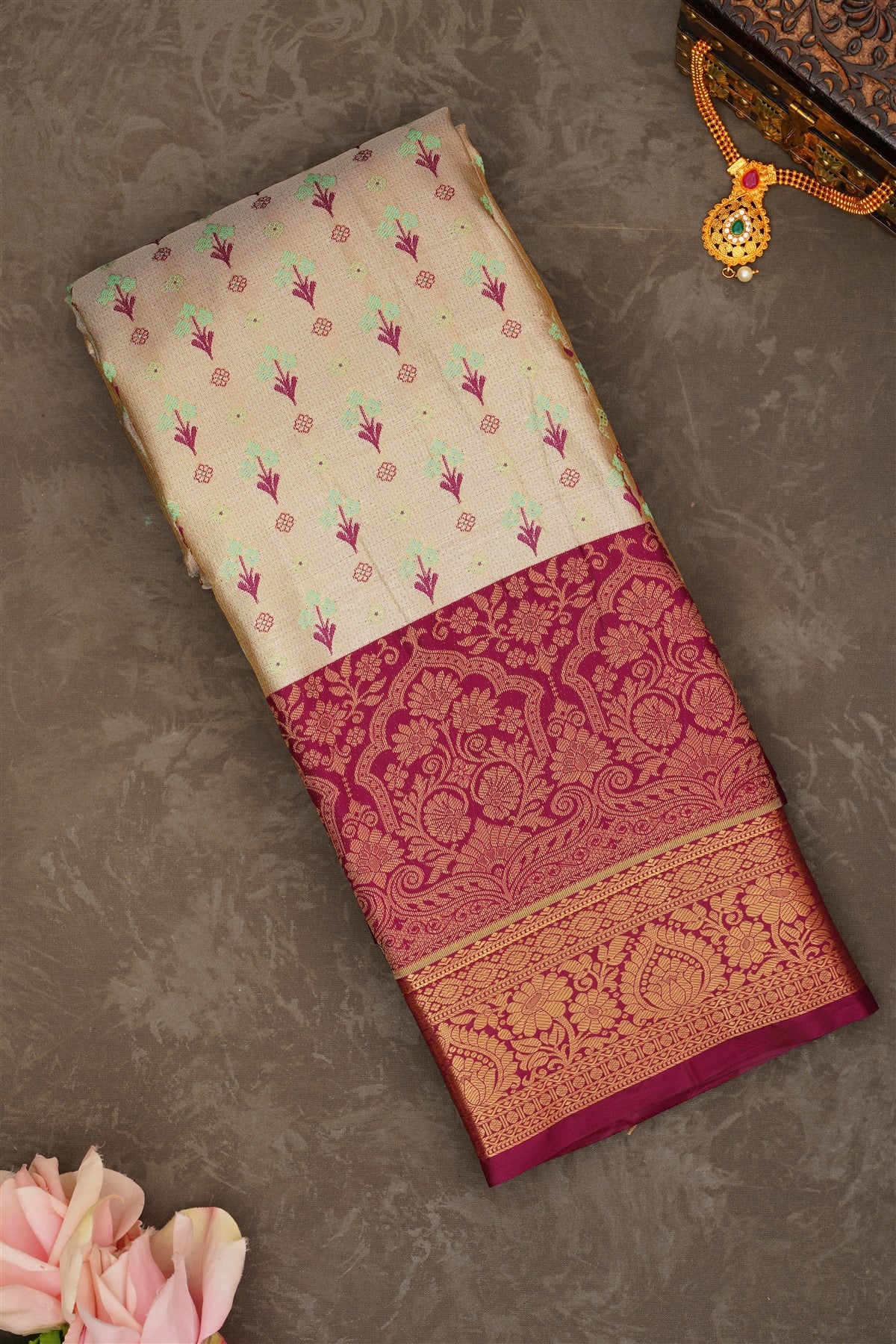 Semi Pattu Silk Blend Gold Green Saree