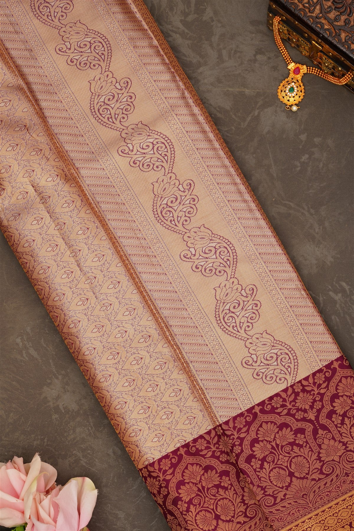 Semi Pattu Silk Blend Gold Green Saree