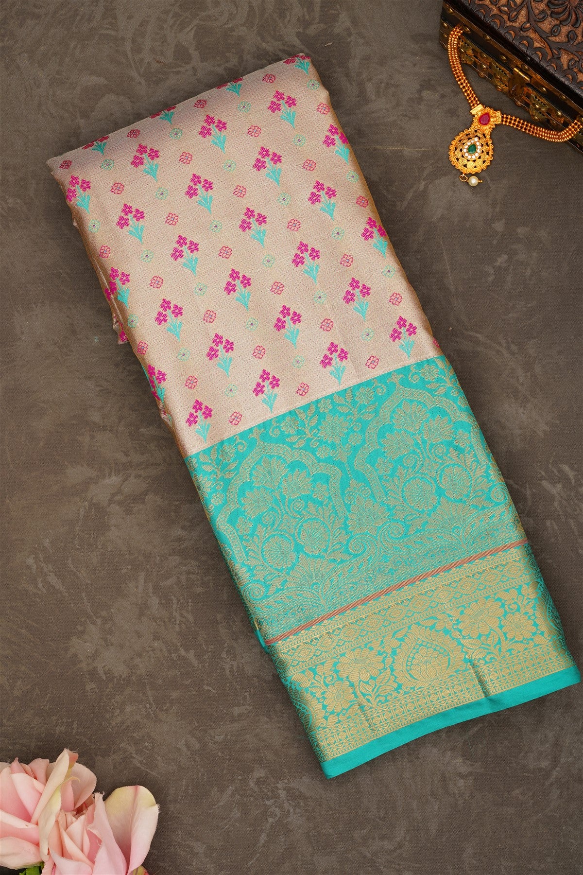 Semi Pattu Silk Blend Gold Pink Saree