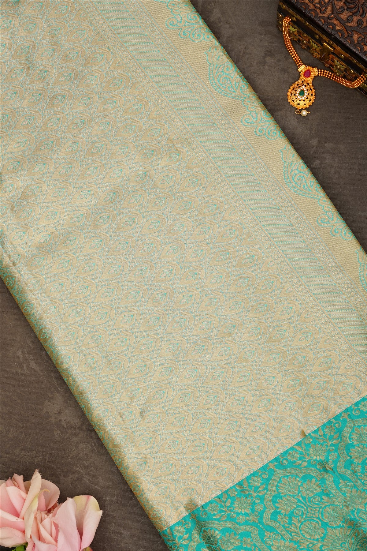 Semi Pattu Silk Blend Gold Red Saree