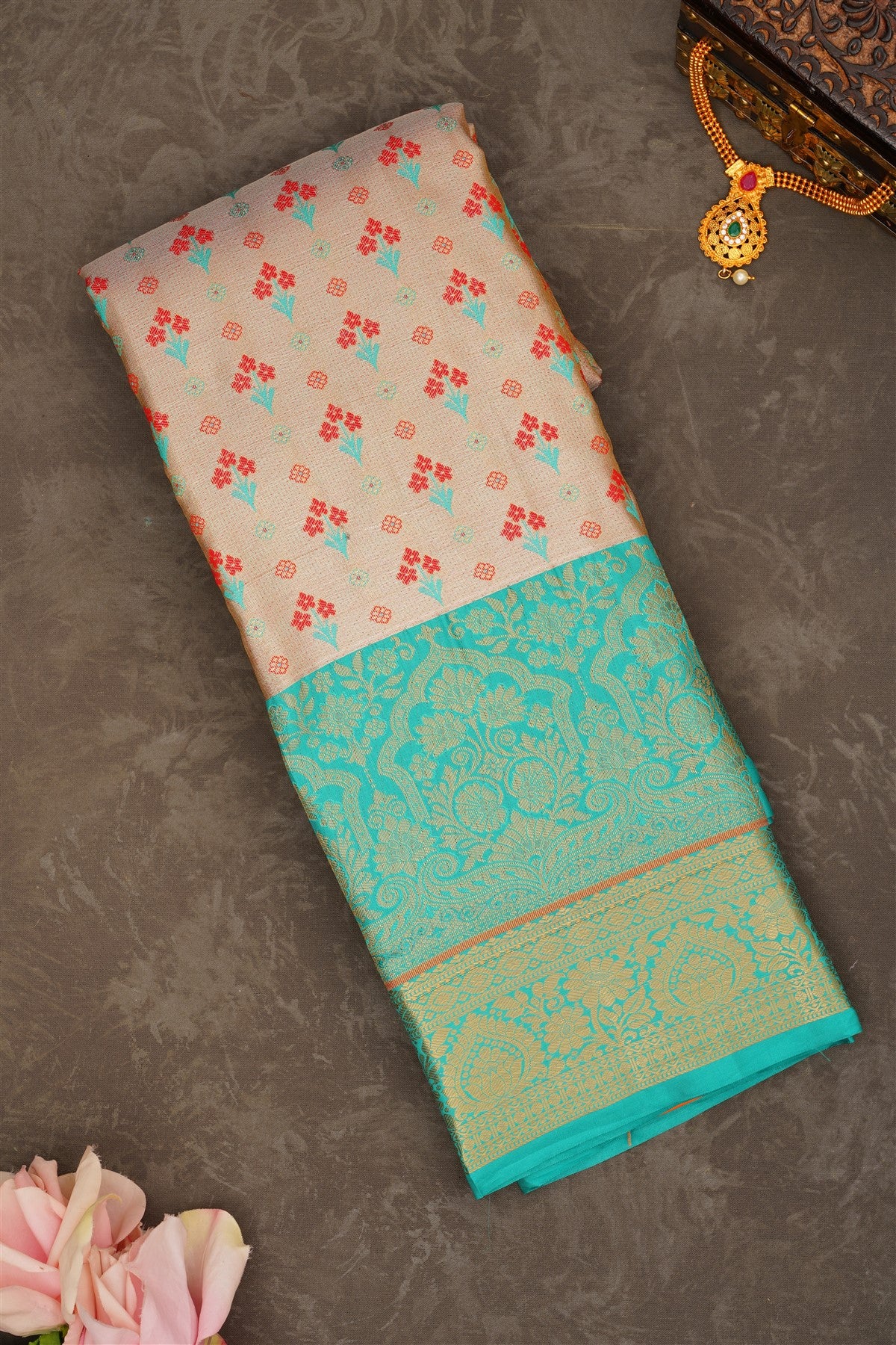 Semi Pattu Silk Blend Gold Red Saree