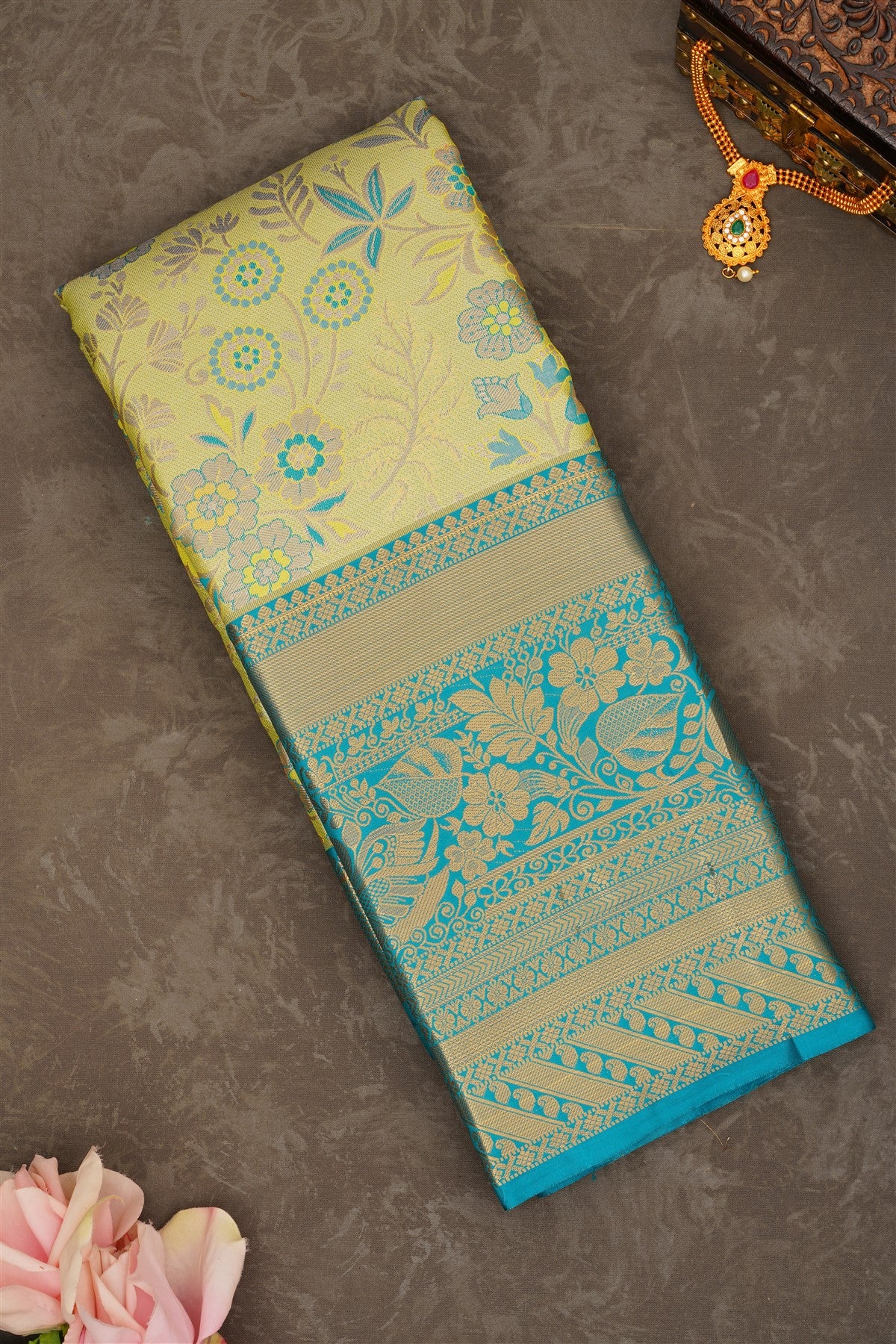 Semi Pattu Silk Blend Parrot Green Saree