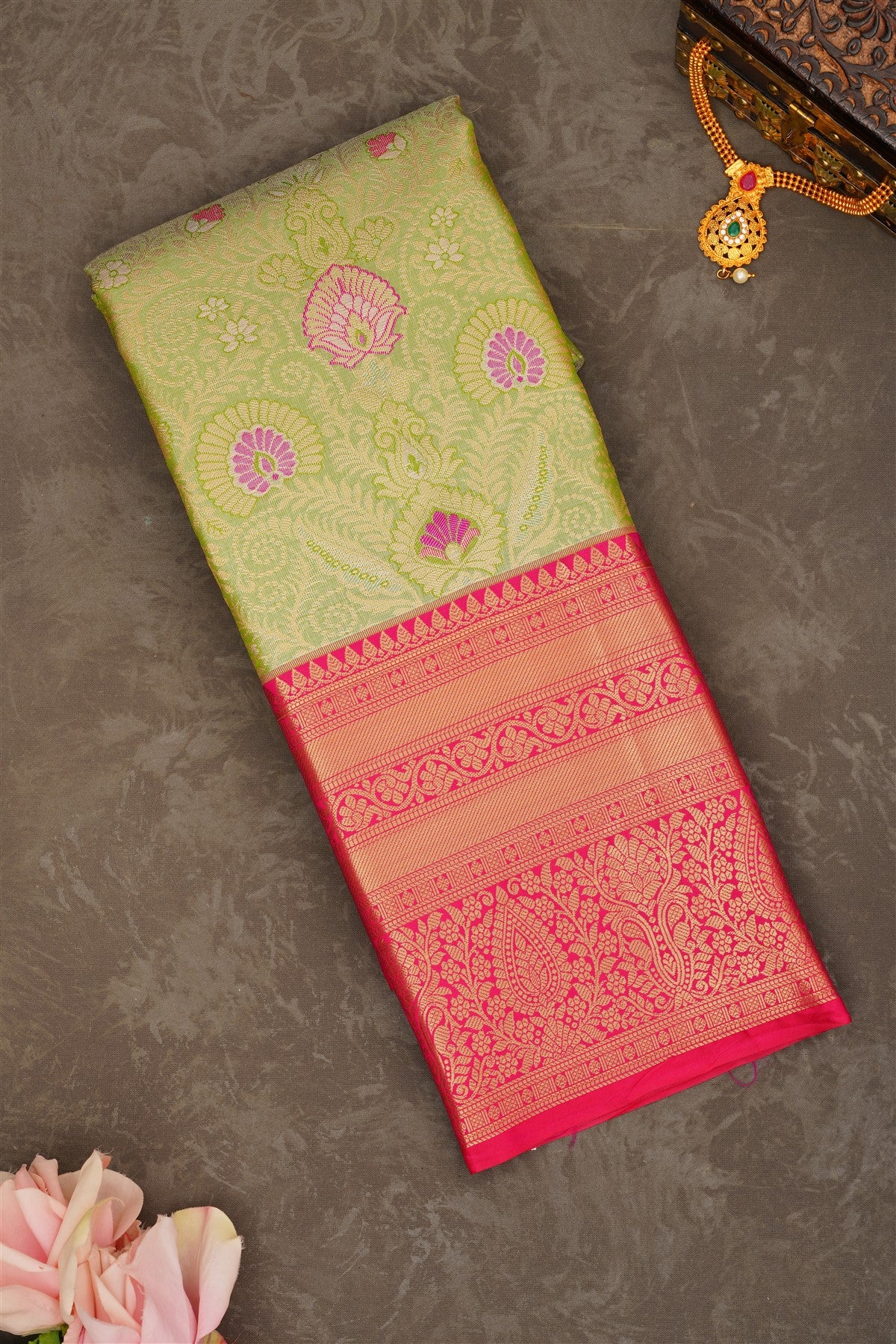 Semi Pattu Silk Blend Parrot Green Saree