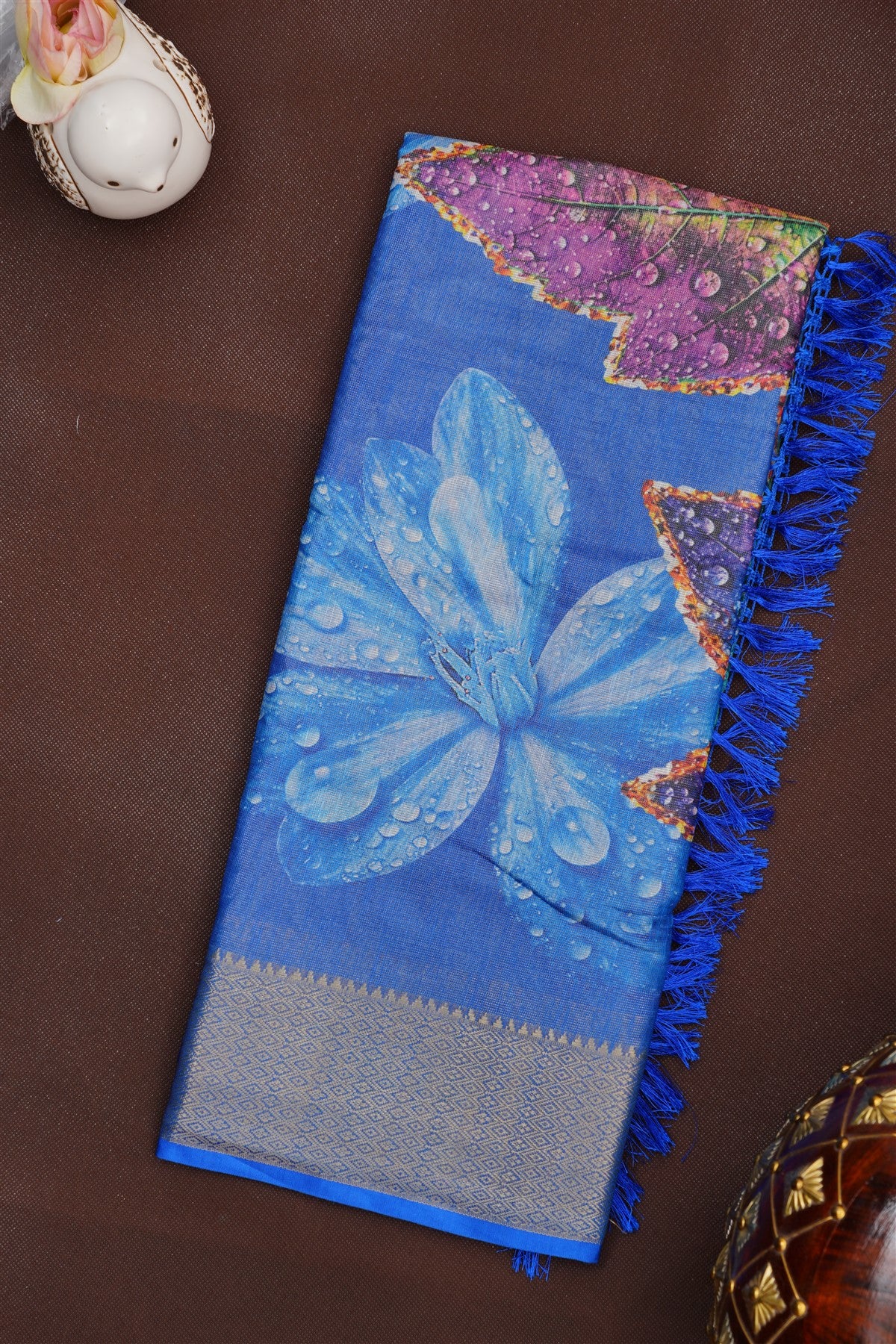 Fancy Tissue Linen Royal Blue Saree