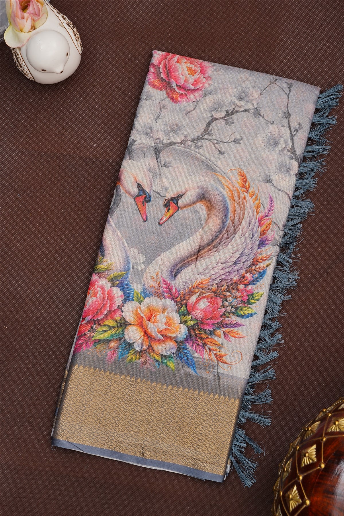 Fancy Tissue Linen Grey Saree