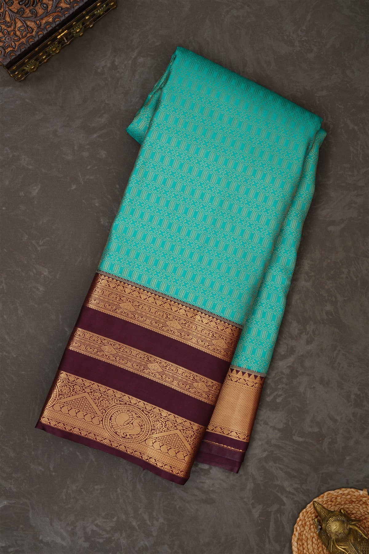Semi Kanchipuram Silk Blend Rama Green Saree