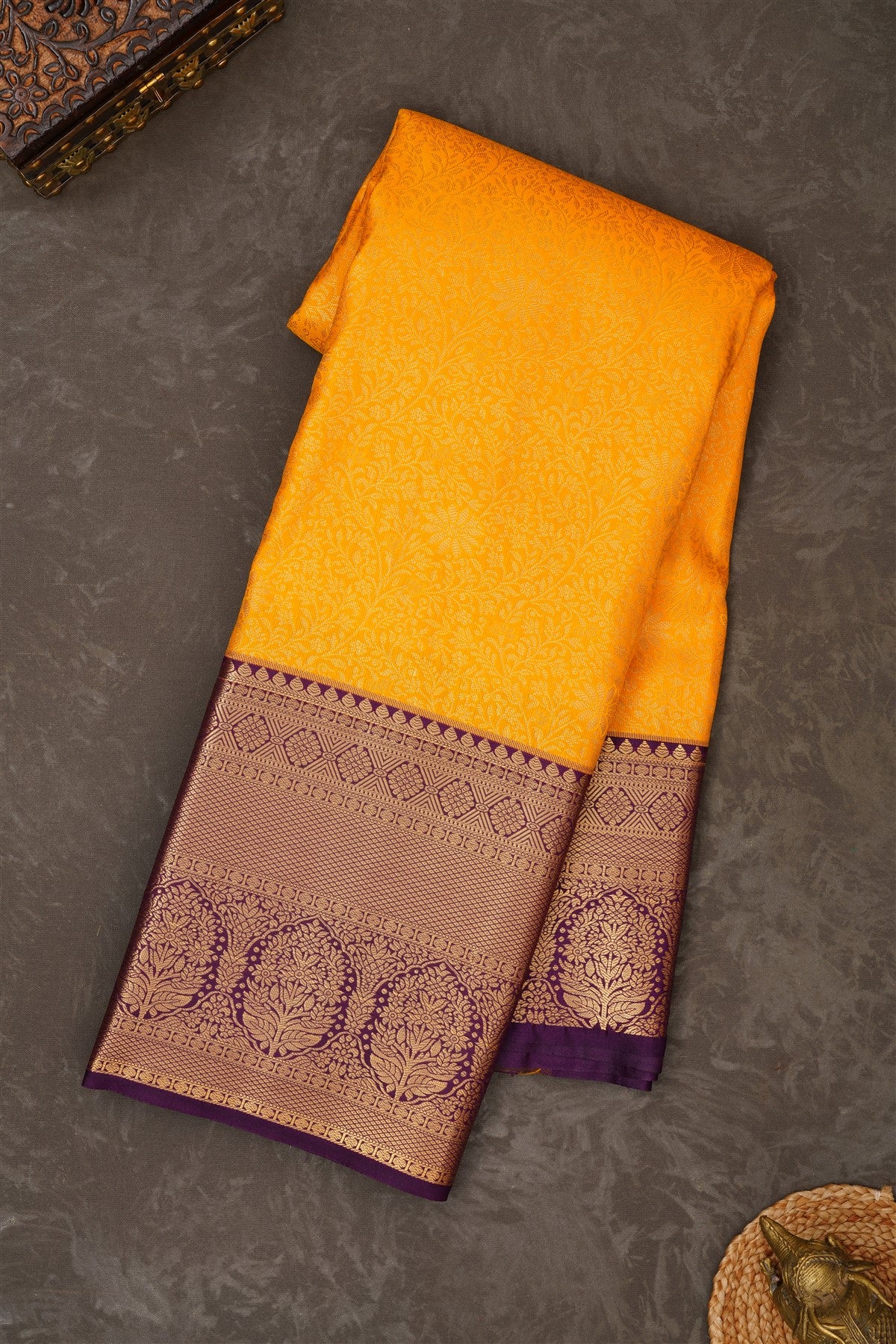 Semi Kanchipuram Silk Blend Yellow Saree