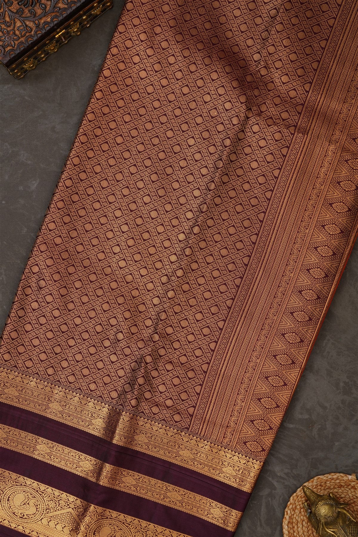 Semi Kanchipuram Silk Blend Dark Orange Saree