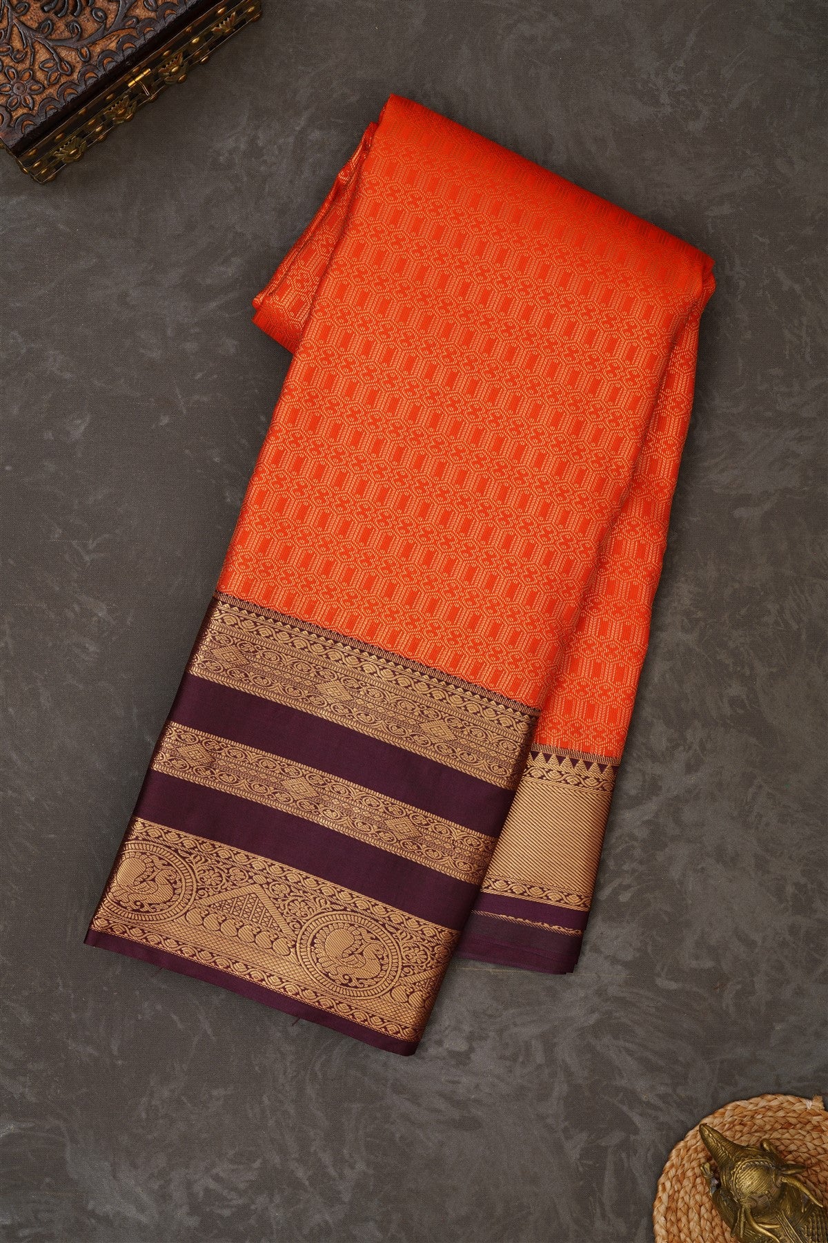 Semi Kanchipuram Silk Blend Dark Orange Saree