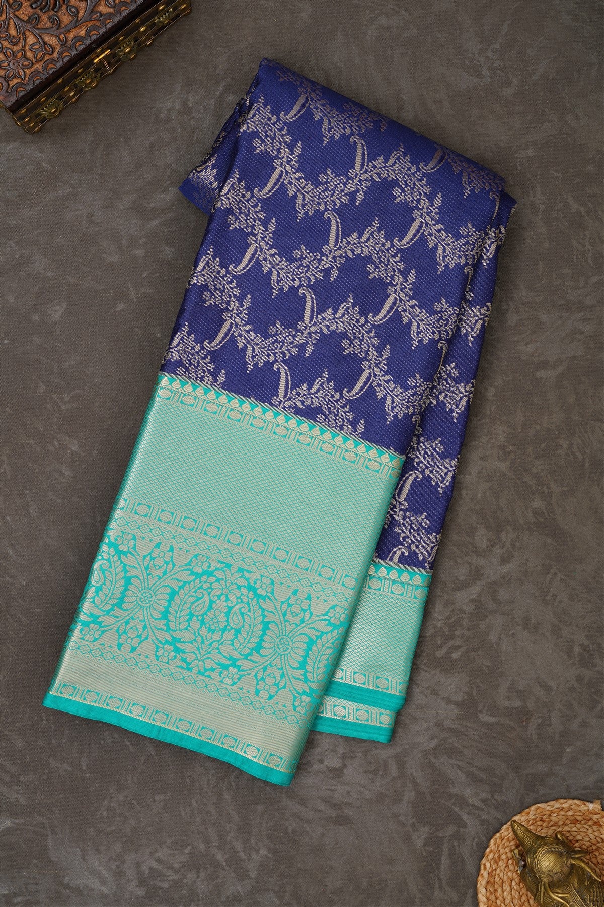 Semi Kanchipuram Silk Blend Navy Blue Saree