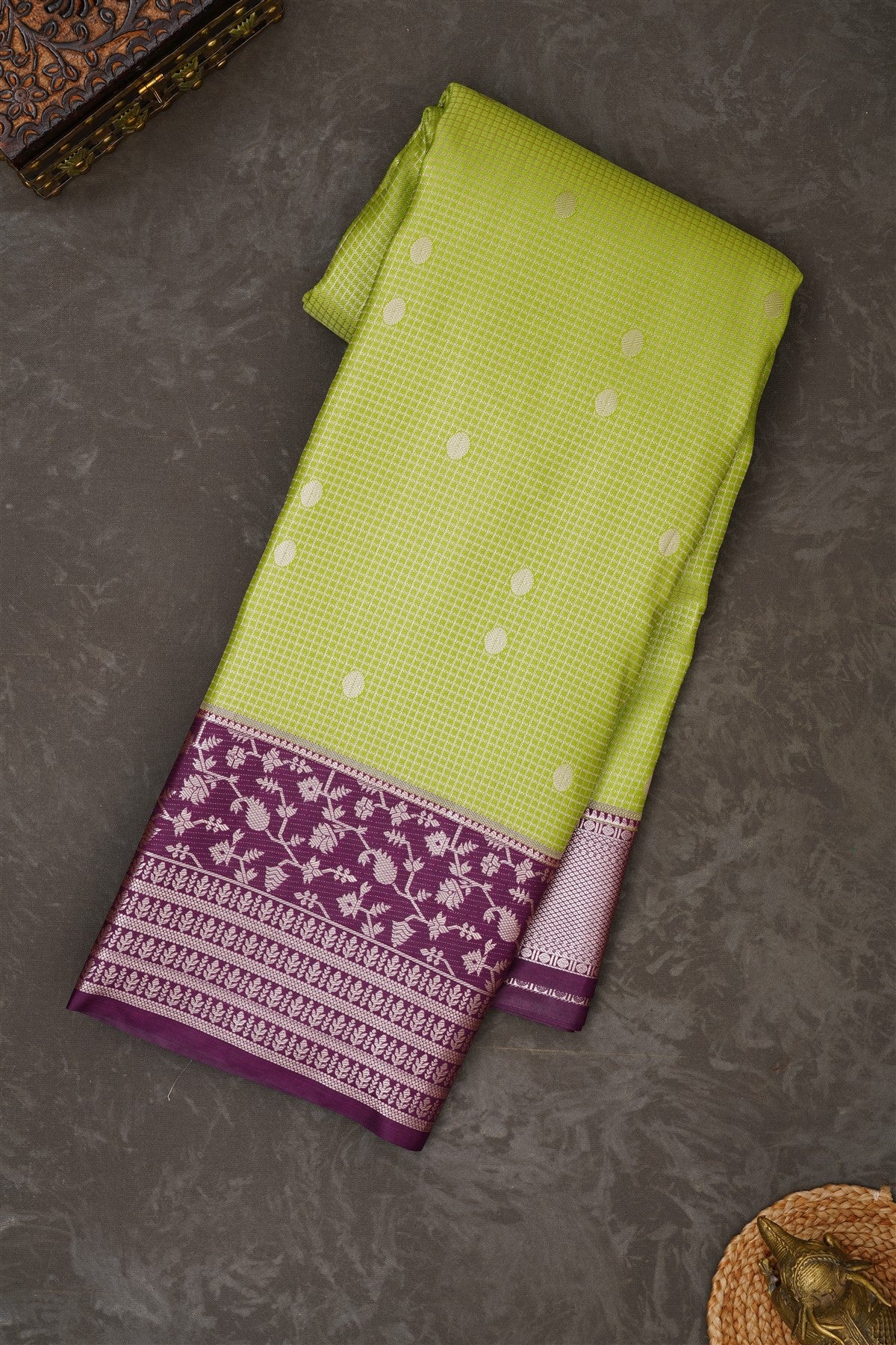 Semi Kanchipuram Silk Blend Parrot Green Saree