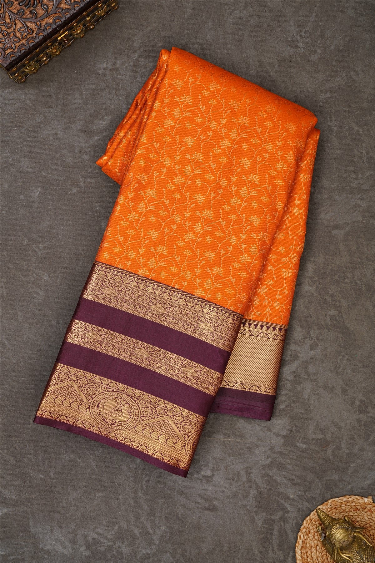 Semi Kanchipuram Silk Blend Rust Saree