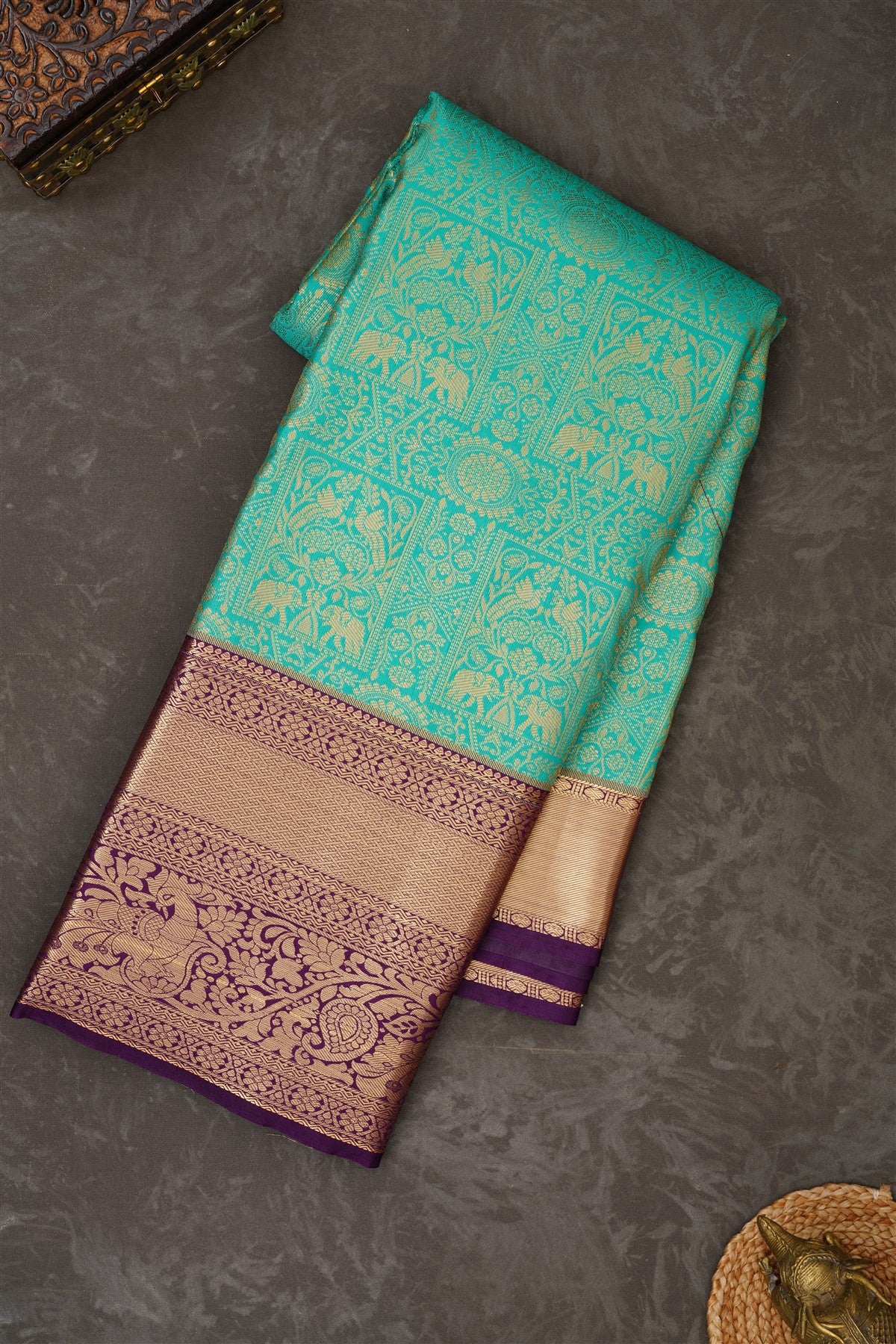 Semi Kanchipuram Silk Blend Sea Green Saree