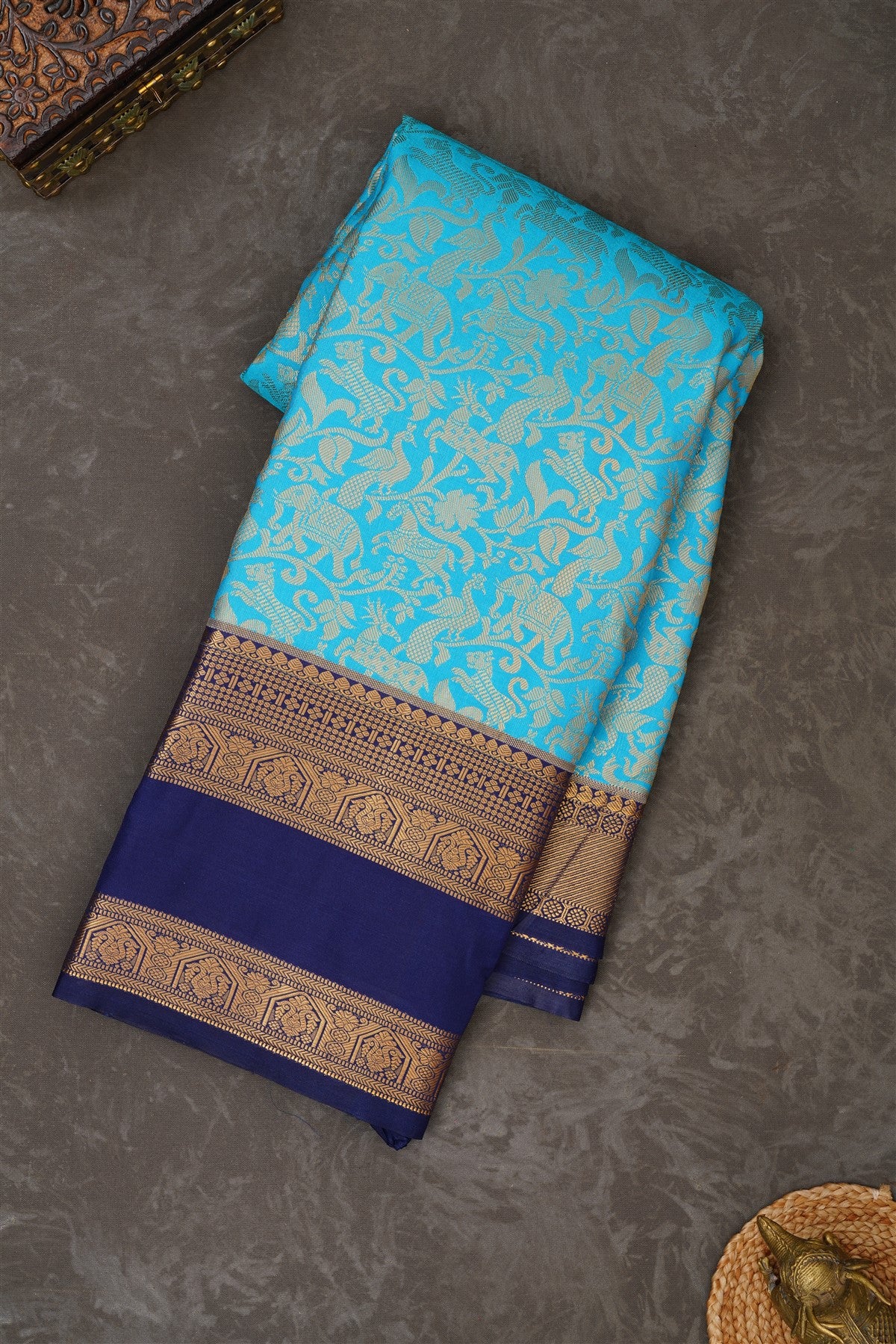 Semi Kanchipuram Silk Blend Blue Saree