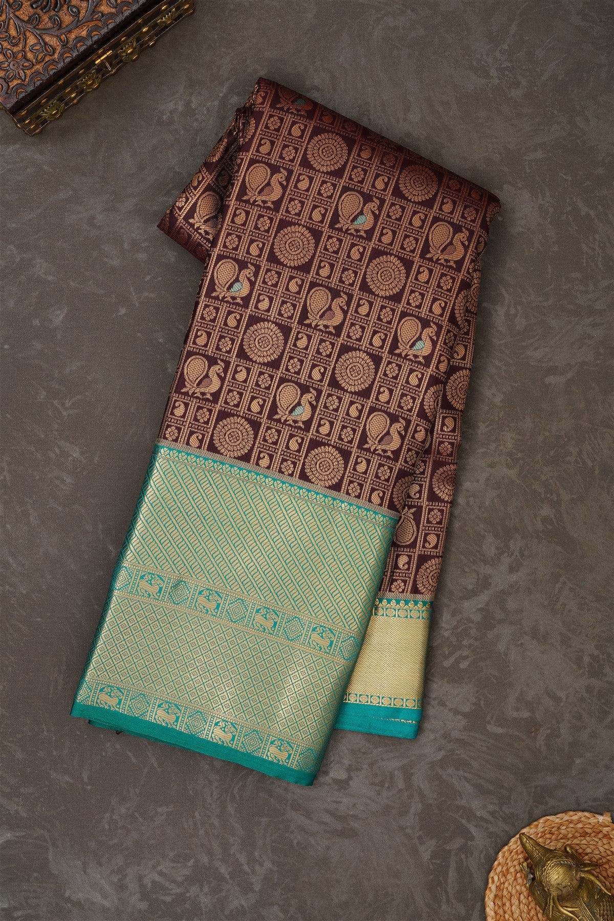 Semi Kanchipuram Silk Blend Brown Saree