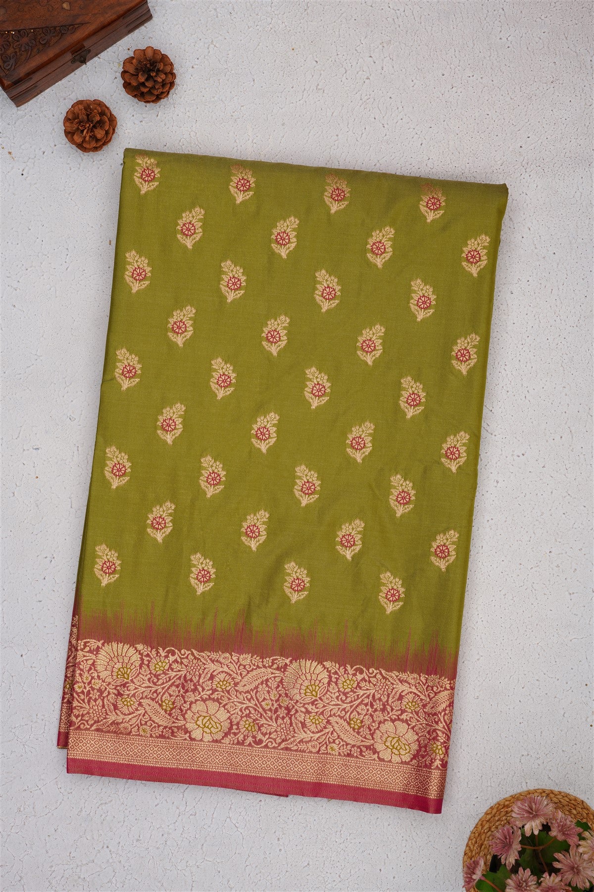 Banarasi Soft Satin Olive Green Saree