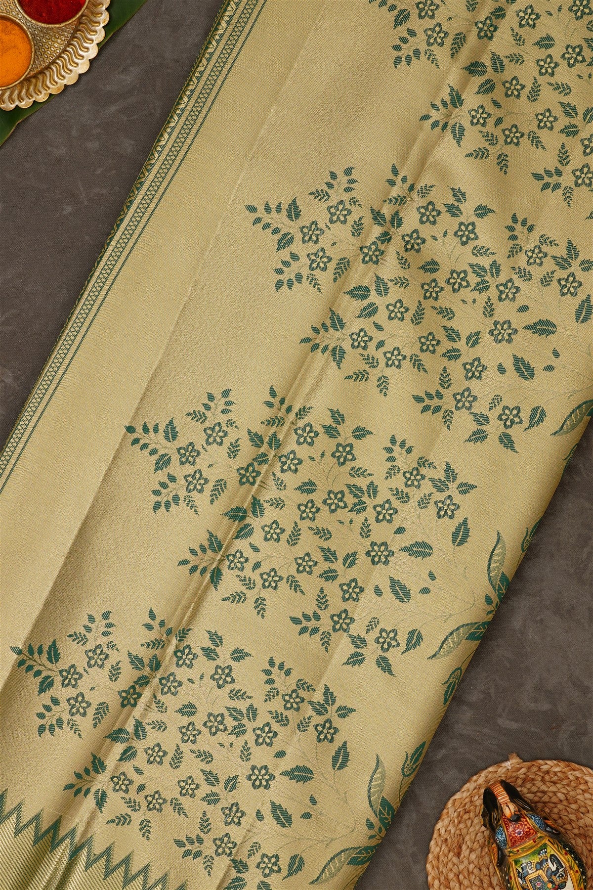 Semi Pattu Silk Blend Gold Green Saree