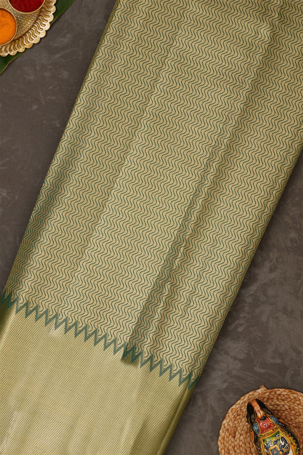Semi Pattu Silk Blend Gold Green Saree