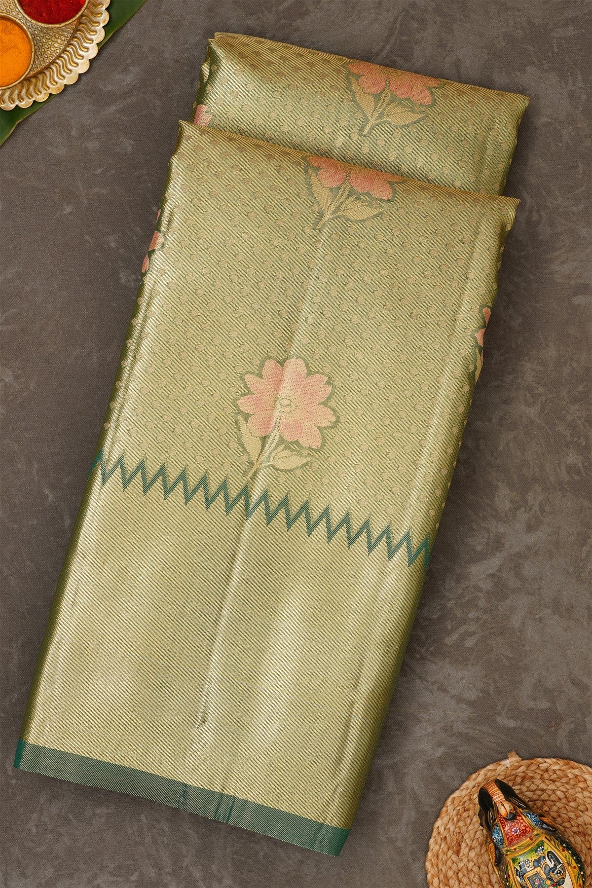 Semi Pattu Silk Blend Gold Green Saree