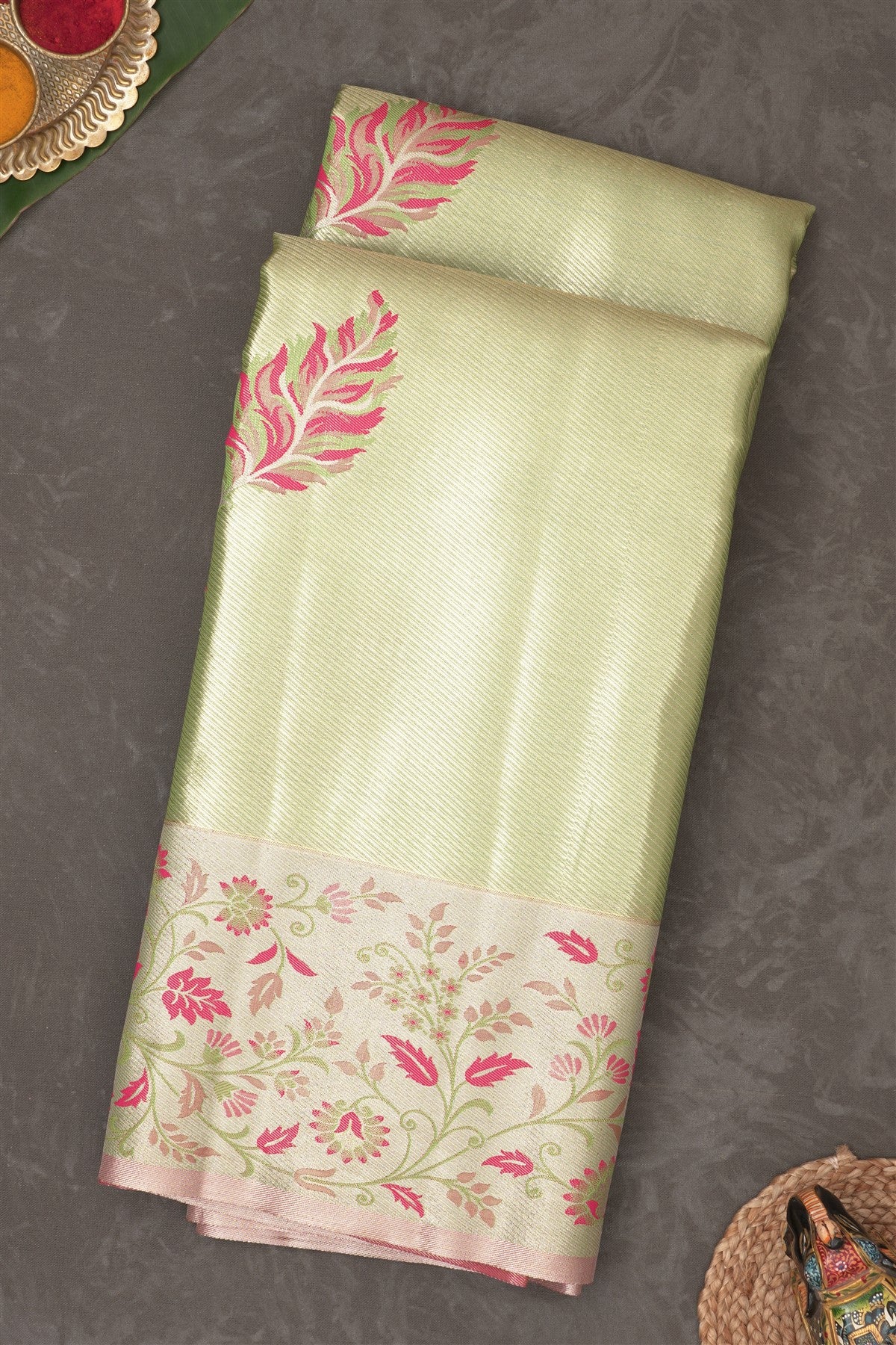 Semi Pattu Silk Blend Parrot Green Saree