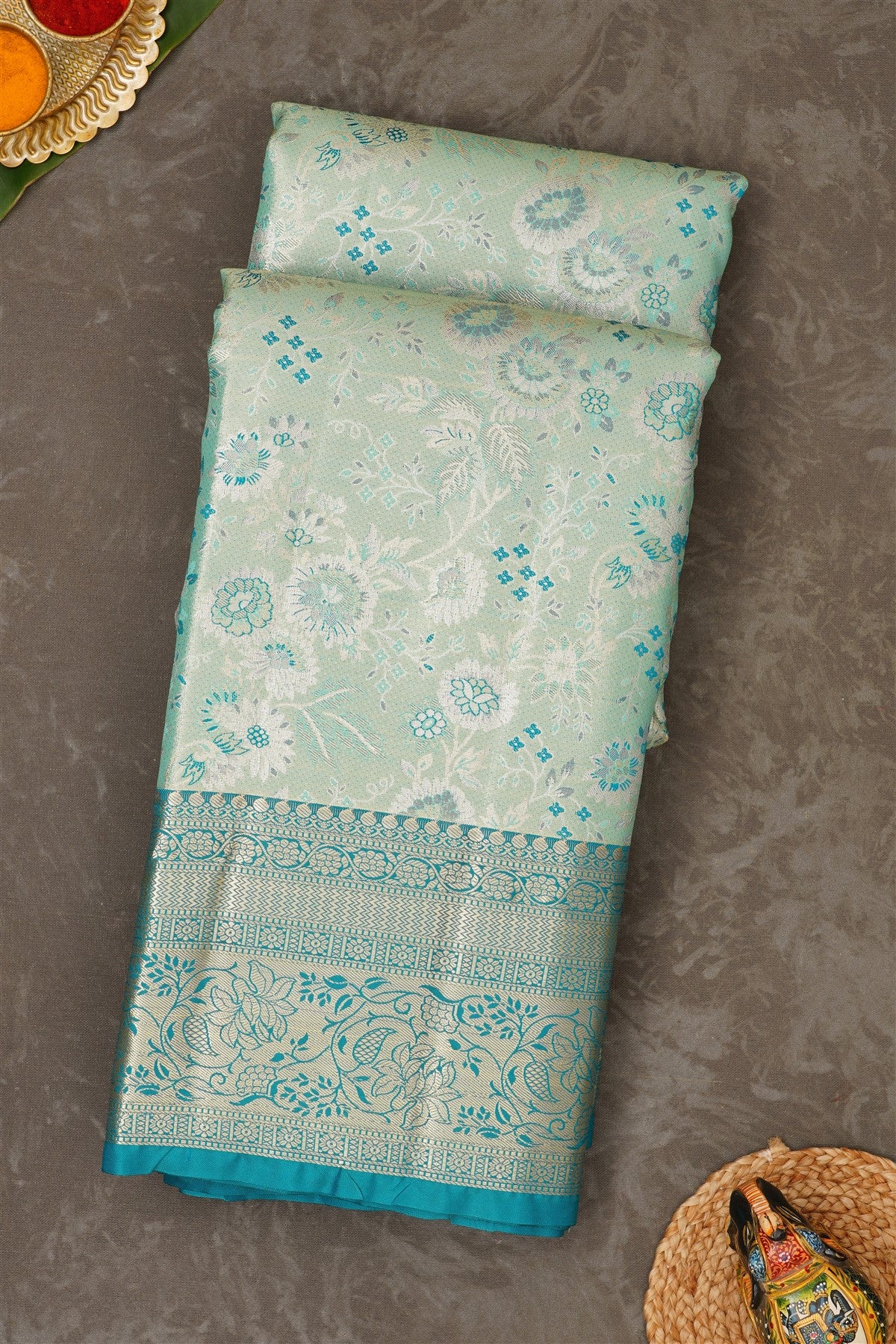 Semi Pattu Silk Blend Sea Green Saree