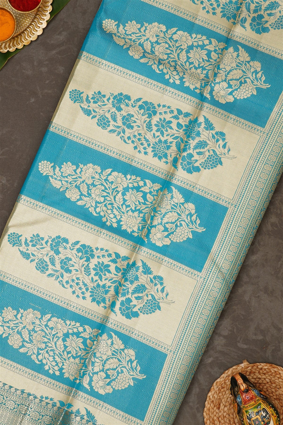 Semi Pattu Silk Blend Sea Green Saree