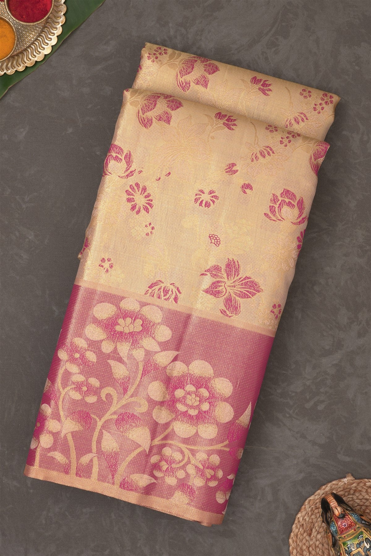 Semi Pattu Silk Blend Cream Gold Saree