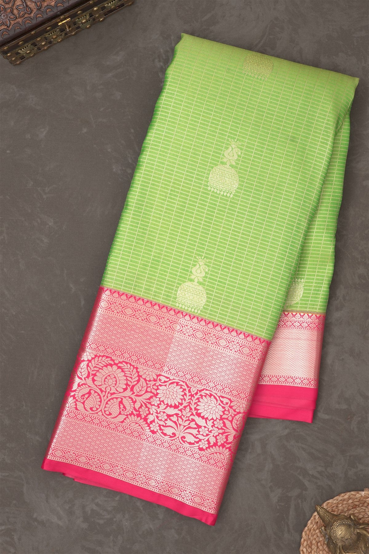 Semi Kanchipuram Silk Blend Parrot Green Saree