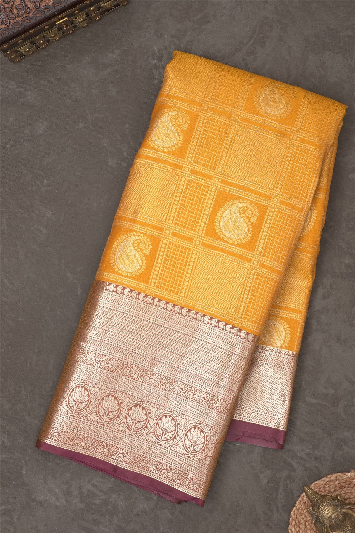 Semi Kanchipuram Silk Blend Yellow Saree