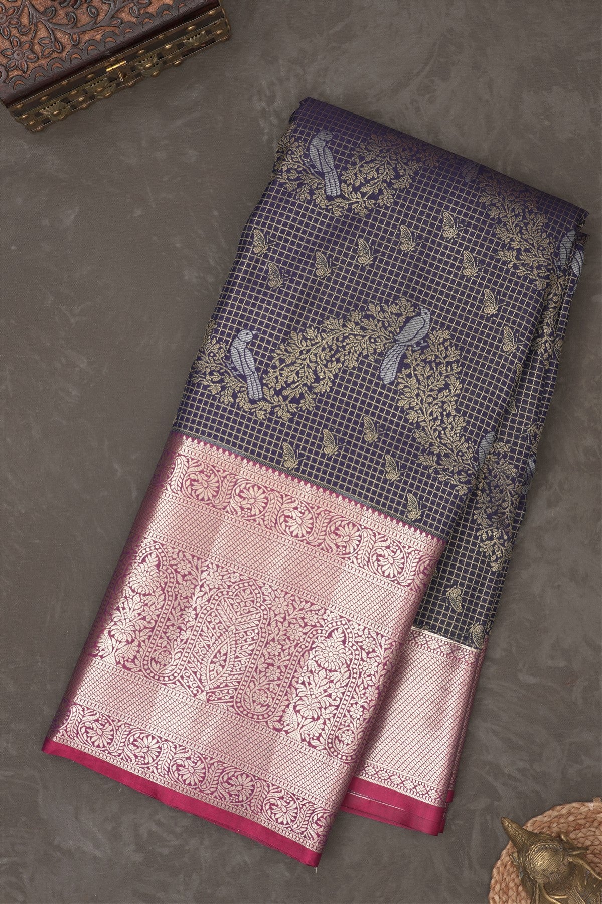 Semi Kanchipuram Silk Blend Navy Blue Saree