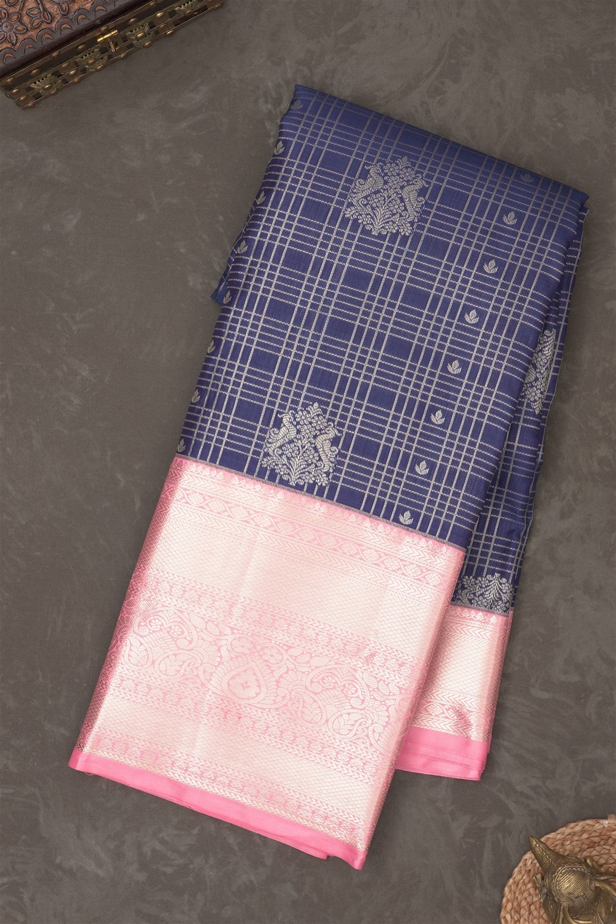 Semi Kanchipuram Silk Blend Navy Blue Saree