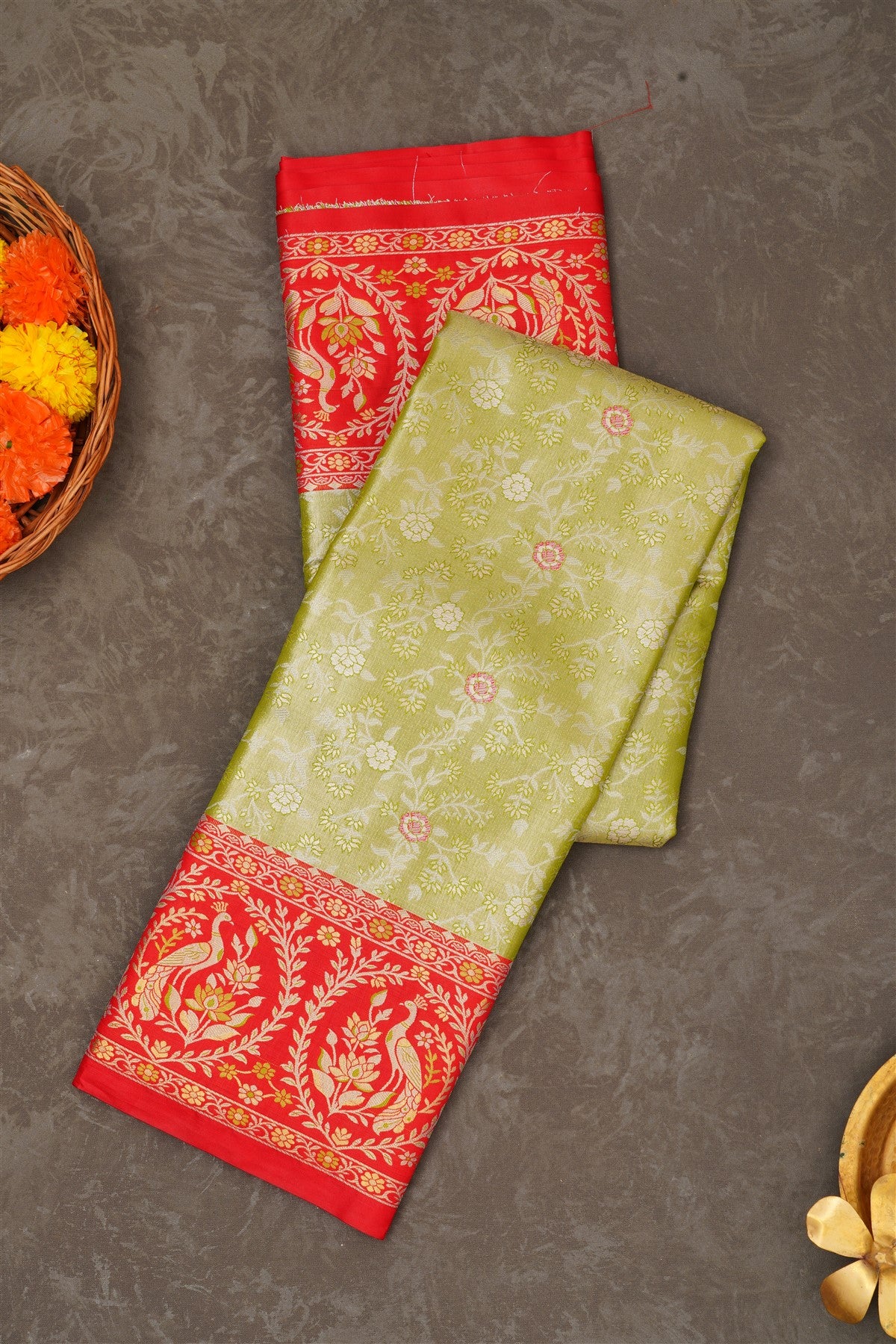 Semi Pattu Silk Blend Light Olive Green Saree