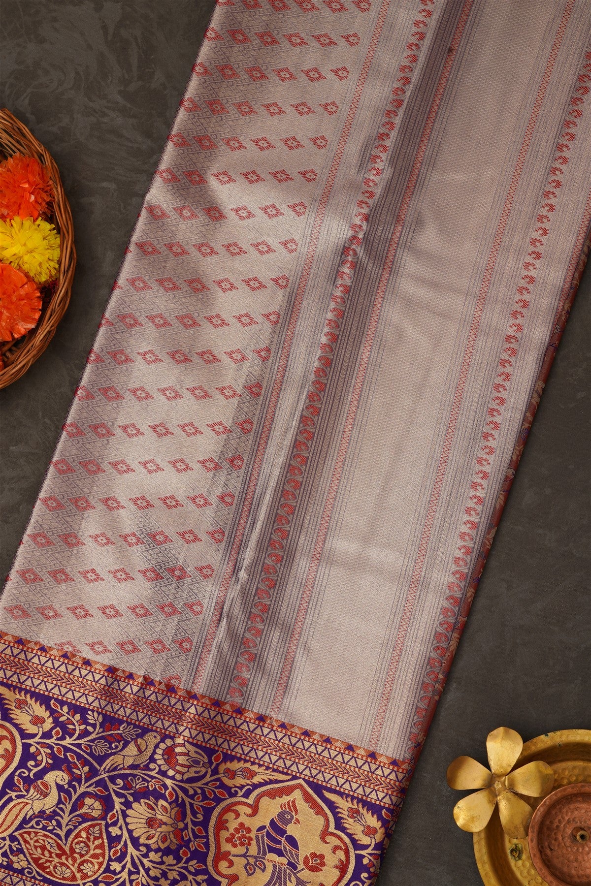 Semi Pattu Silk Blend Marron Saree