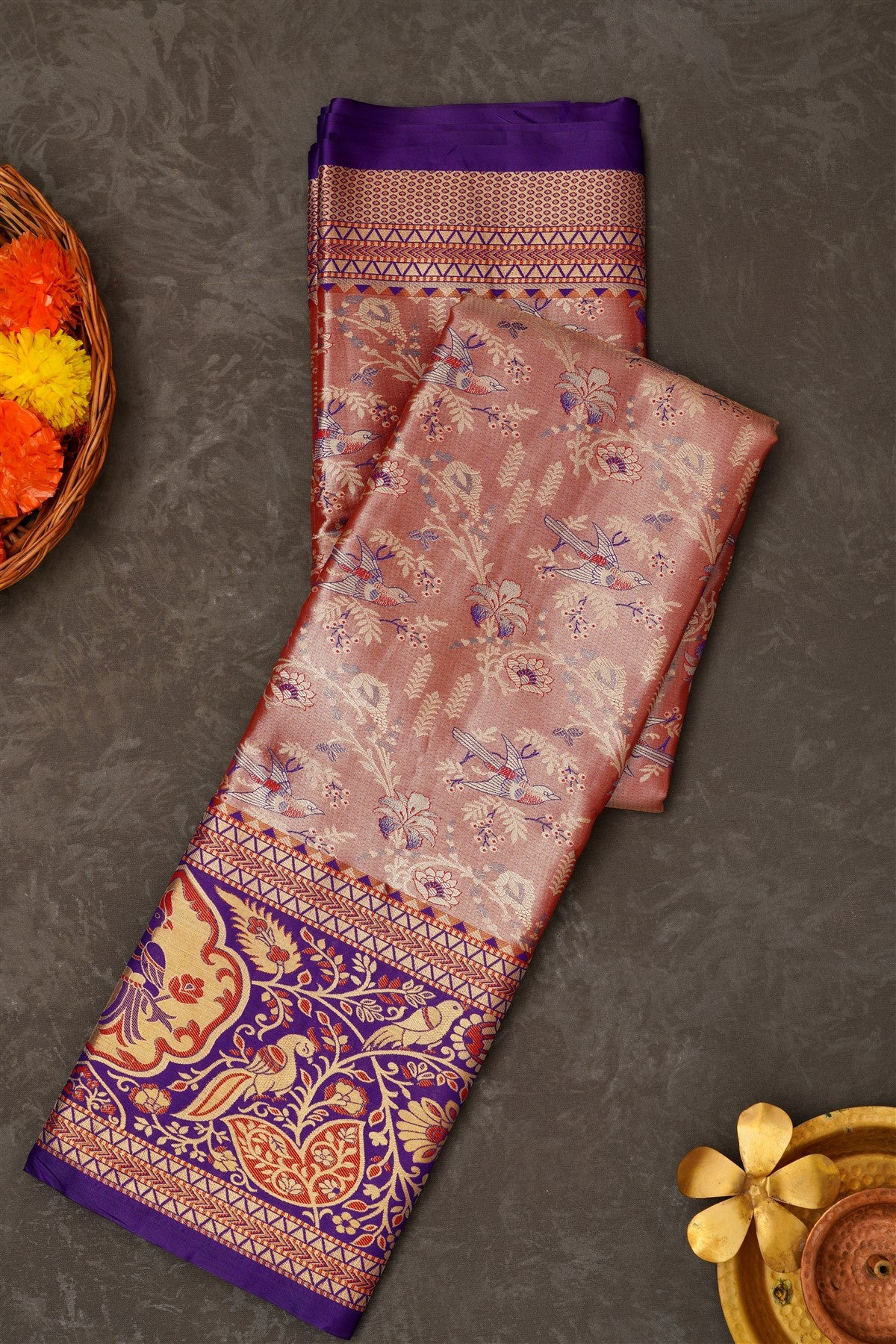 Semi Pattu Silk Blend Marron Saree