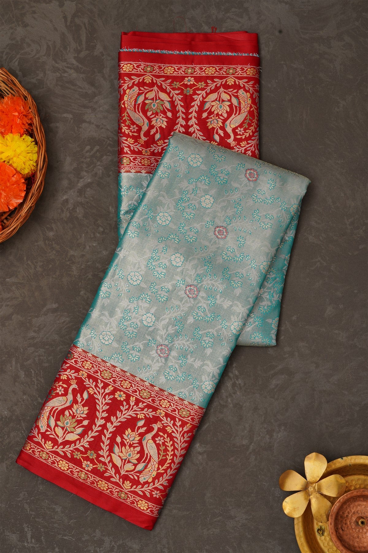 Semi Pattu Silk Blend Sea Green Saree