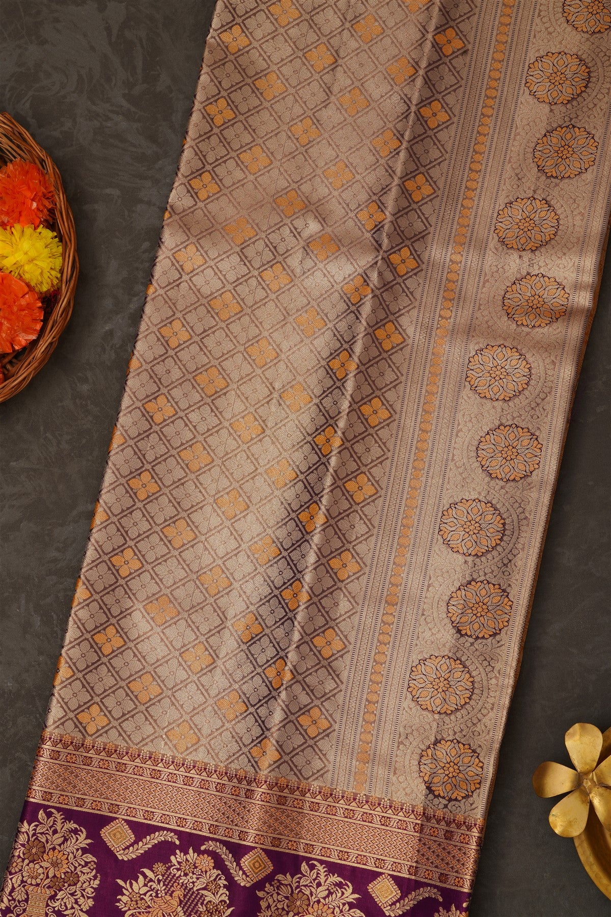 Semi Pattu Silk Blend Gold Saree