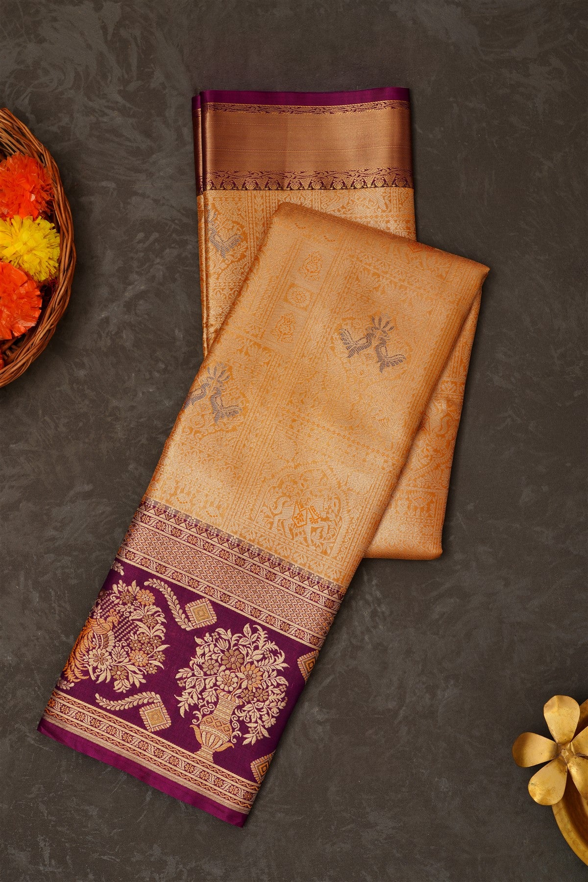Semi Pattu Silk Blend Gold Saree