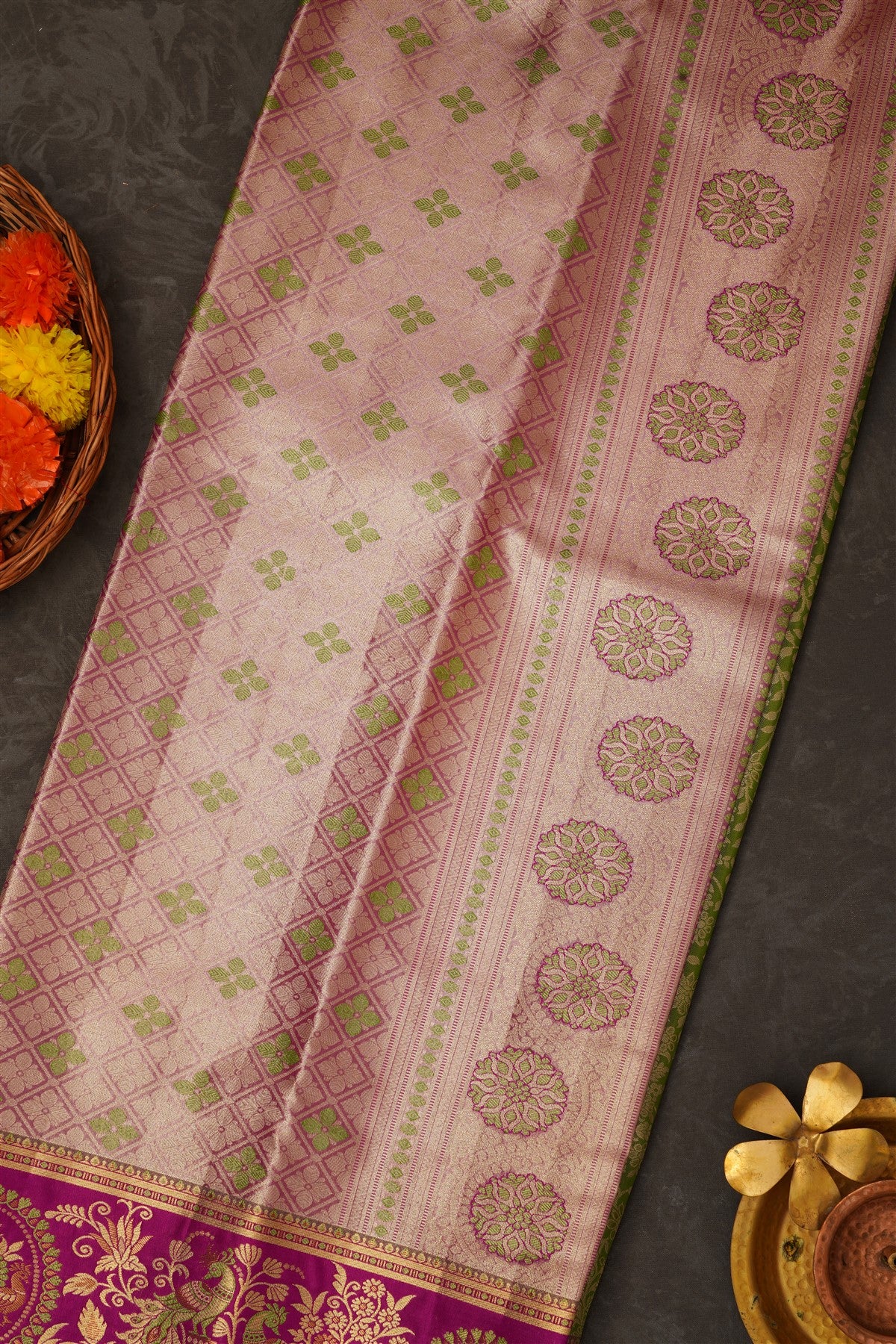 Semi Pattu Silk Blend Light Olive Green Saree