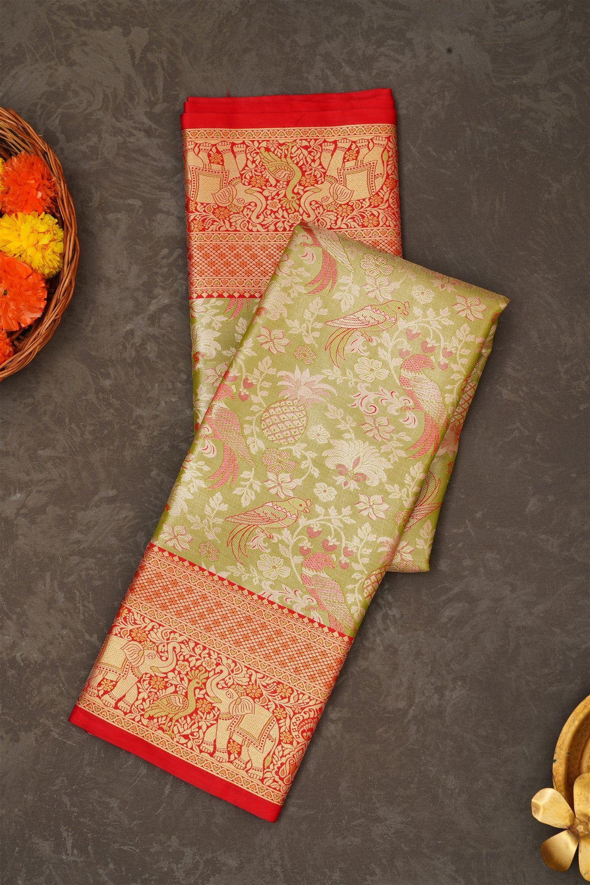 Semi Pattu Silk Blend Light Olive Green Saree