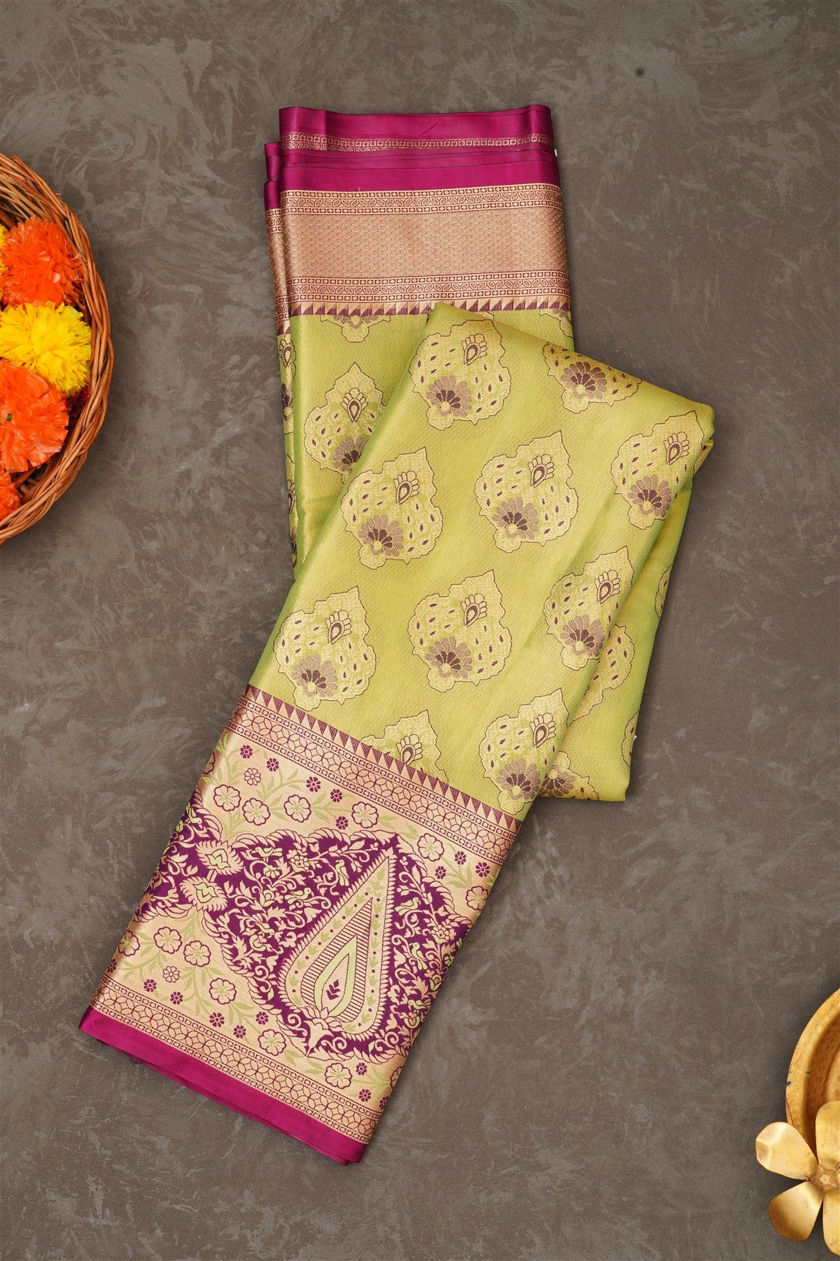 Semi Pattu Silk Blend Parrot Green Saree