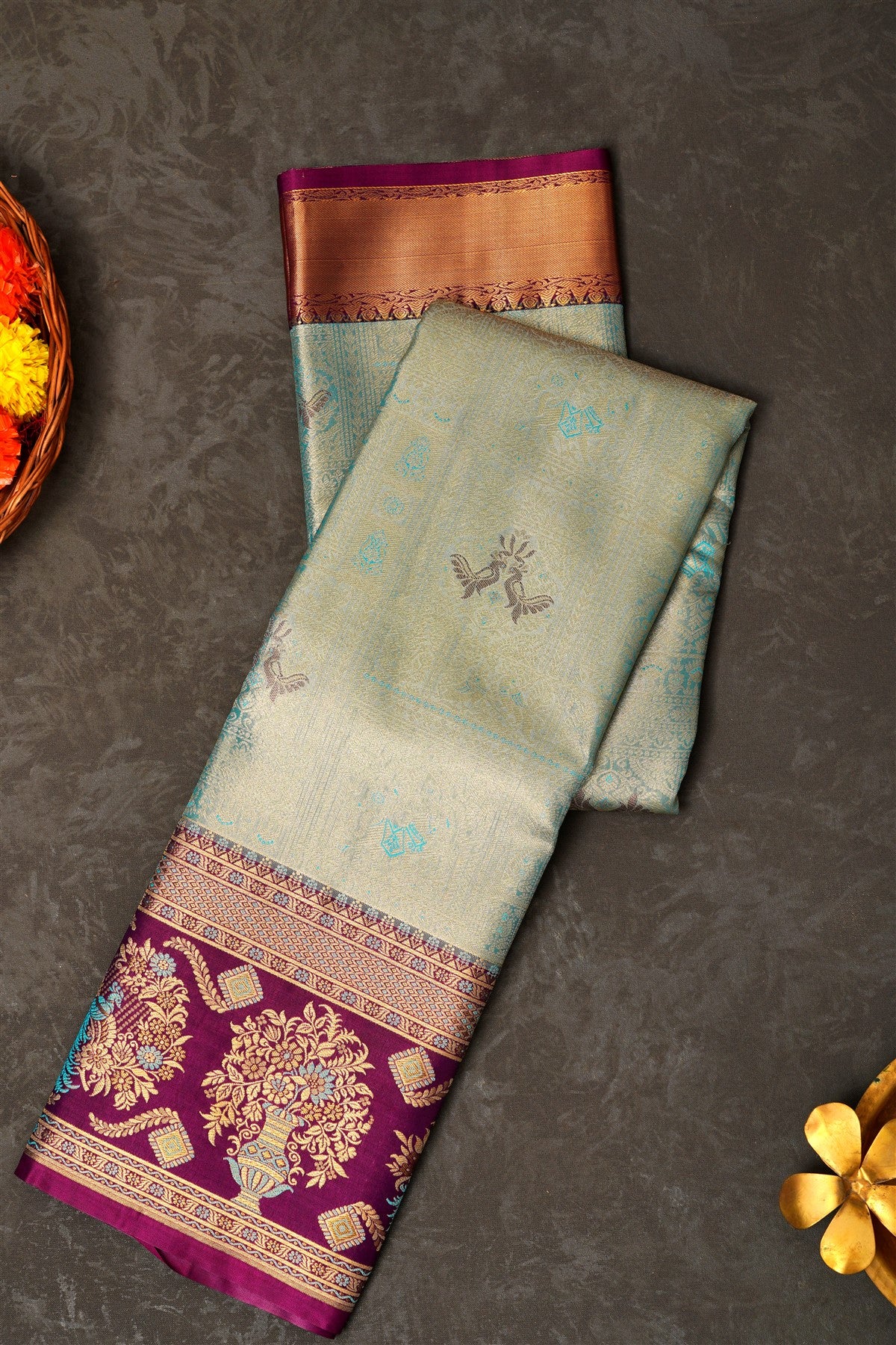 Semi Pattu Silk Blend Sea Blue Saree