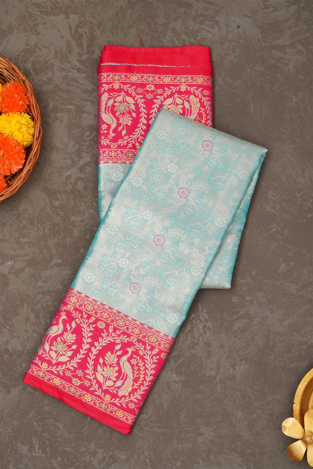 Semi Pattu Silk Blend Sea Blue Saree