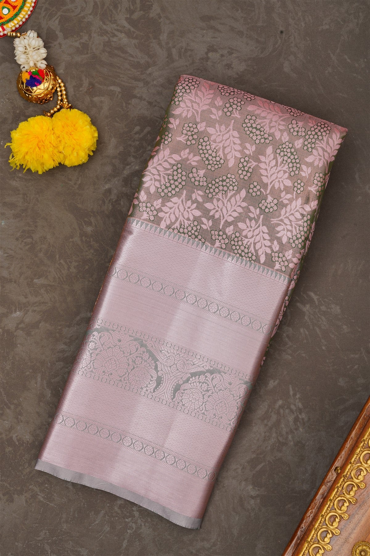 Semi Pattu Silk Blend Olive Green Saree