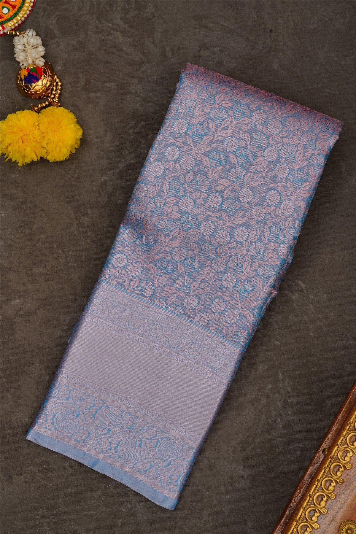 Semi Pattu Silk Blend Sea Blue Saree